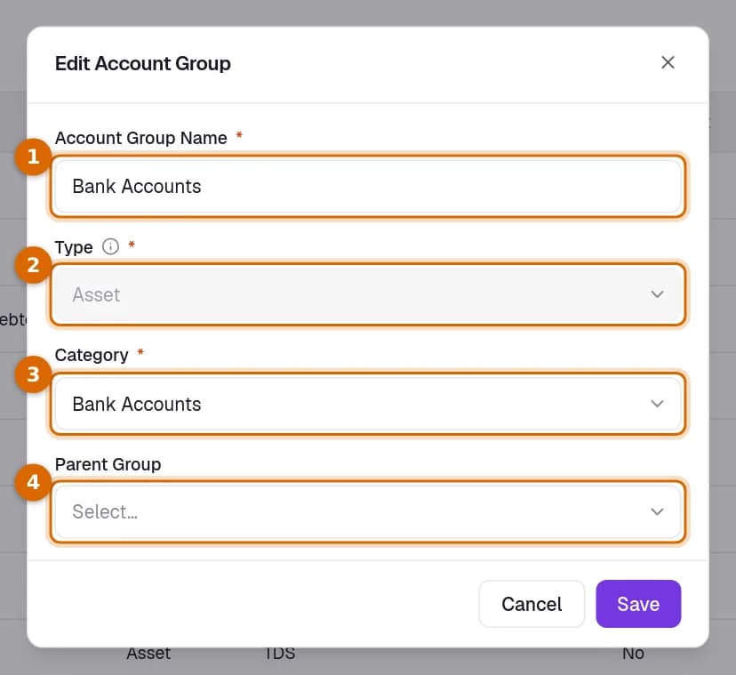 The Edit Account Group dialog with the name, the locked type, the category and the parent group marked.