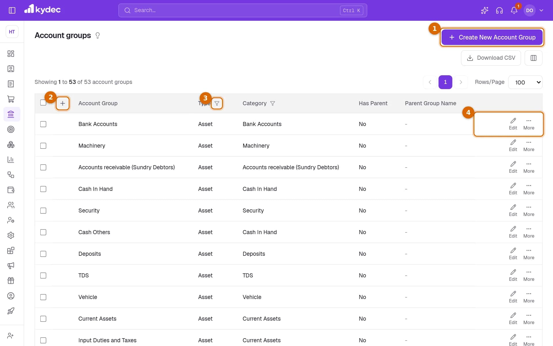 The Account Groups list with the Create New Account Group button, the expand control, the Type filter and the actions on a row marked.