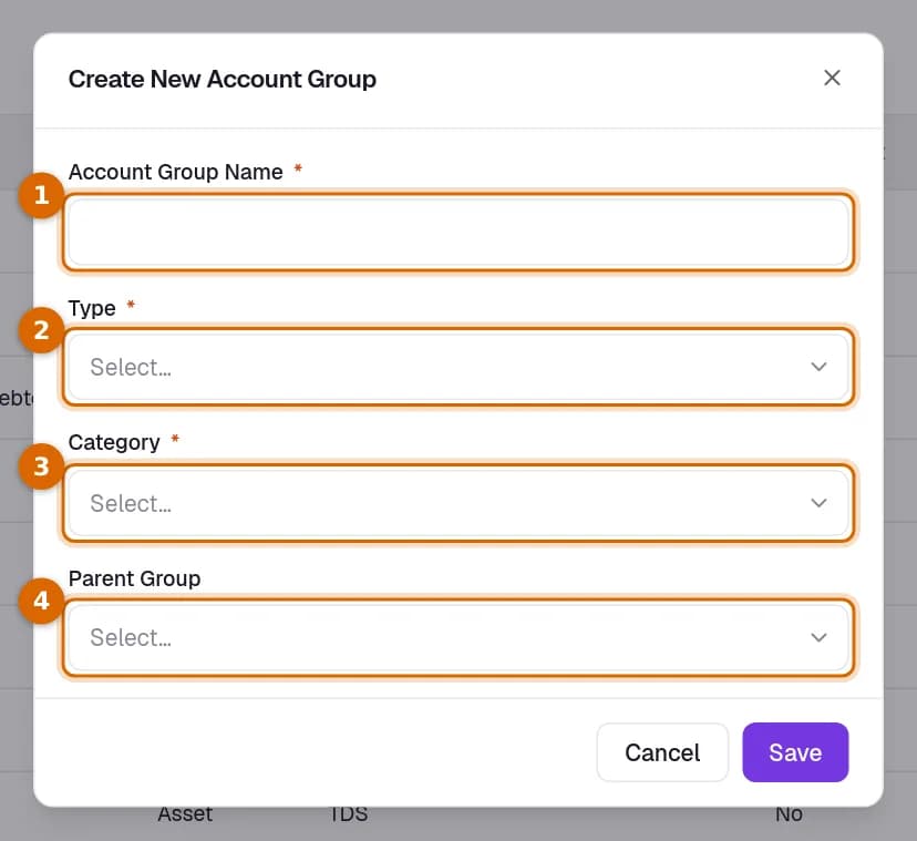 The Create New Account Group dialog with the name, the type, the category and the parent group marked.