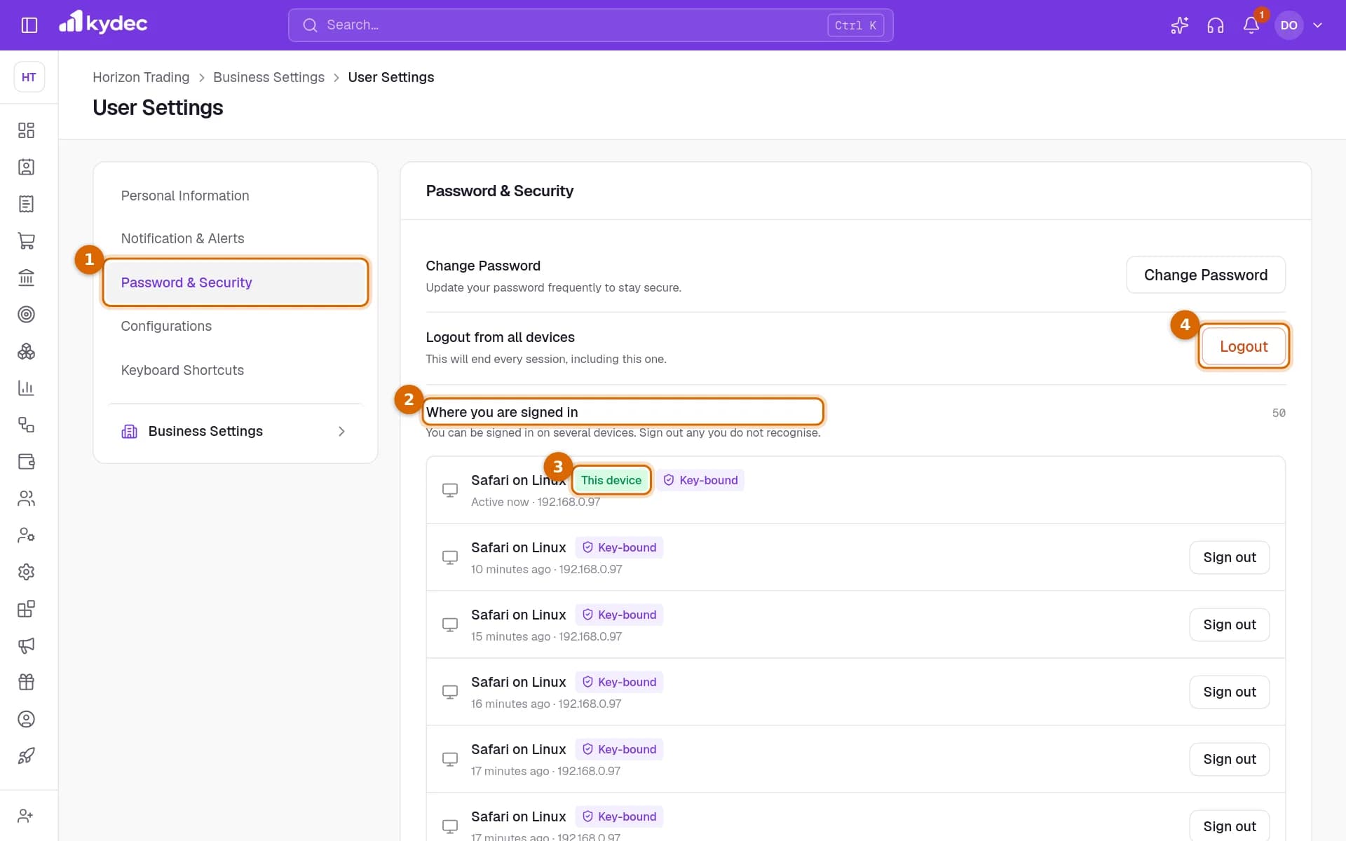 The Password & Security page with the tab, the Where you are signed in list, the This device badge and the Logout button marked.