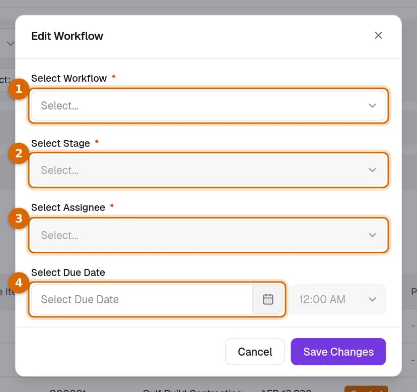 The Edit Workflow dialog opened by Send for Approval on a quotation, with Select Workflow, Select Stage, Select Assignee and Select Due Date marked.