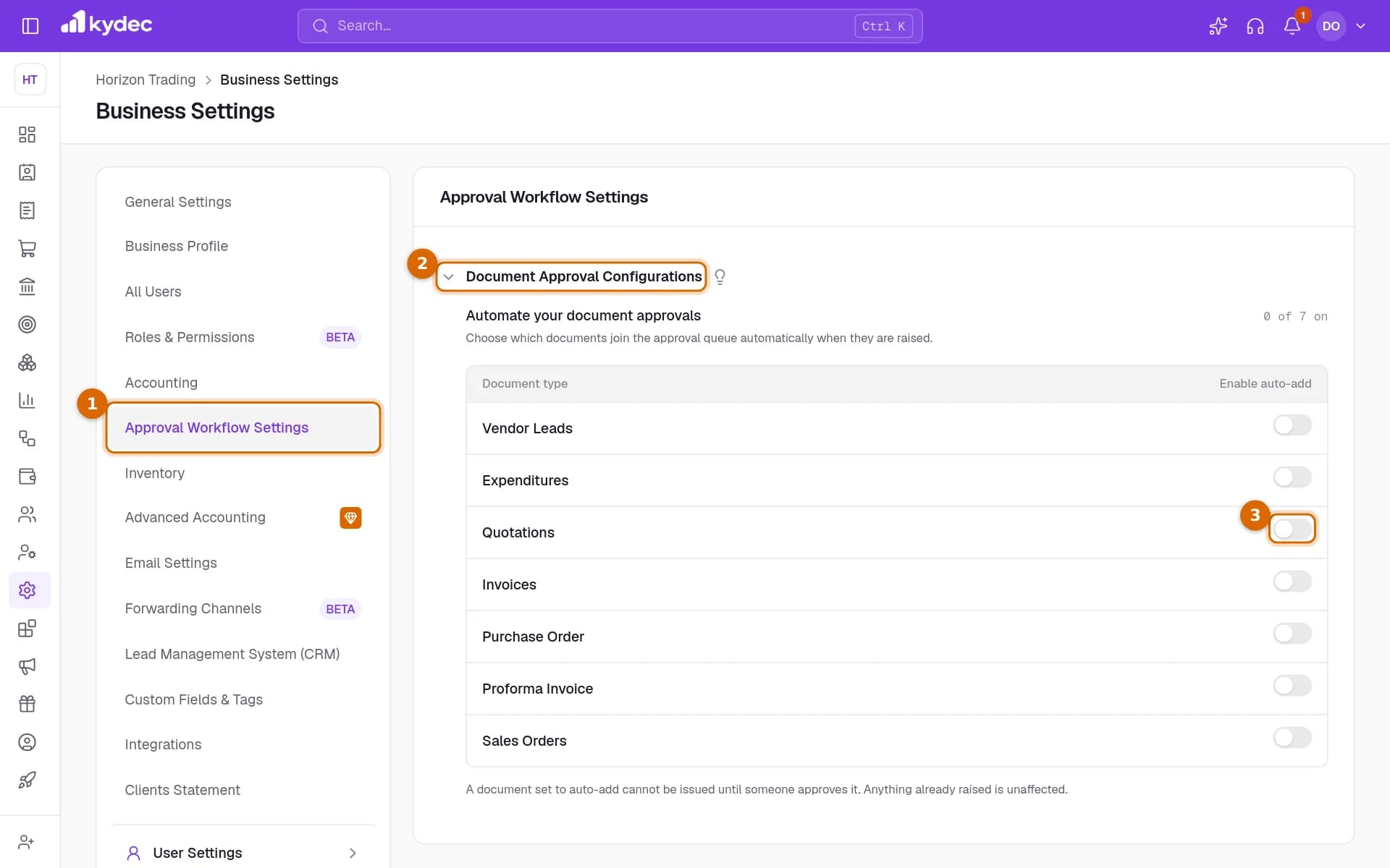Approval Workflow Settings in Business Settings, with the tab, the Document Approval Configurations section and the auto-add switch for Quotations marked.