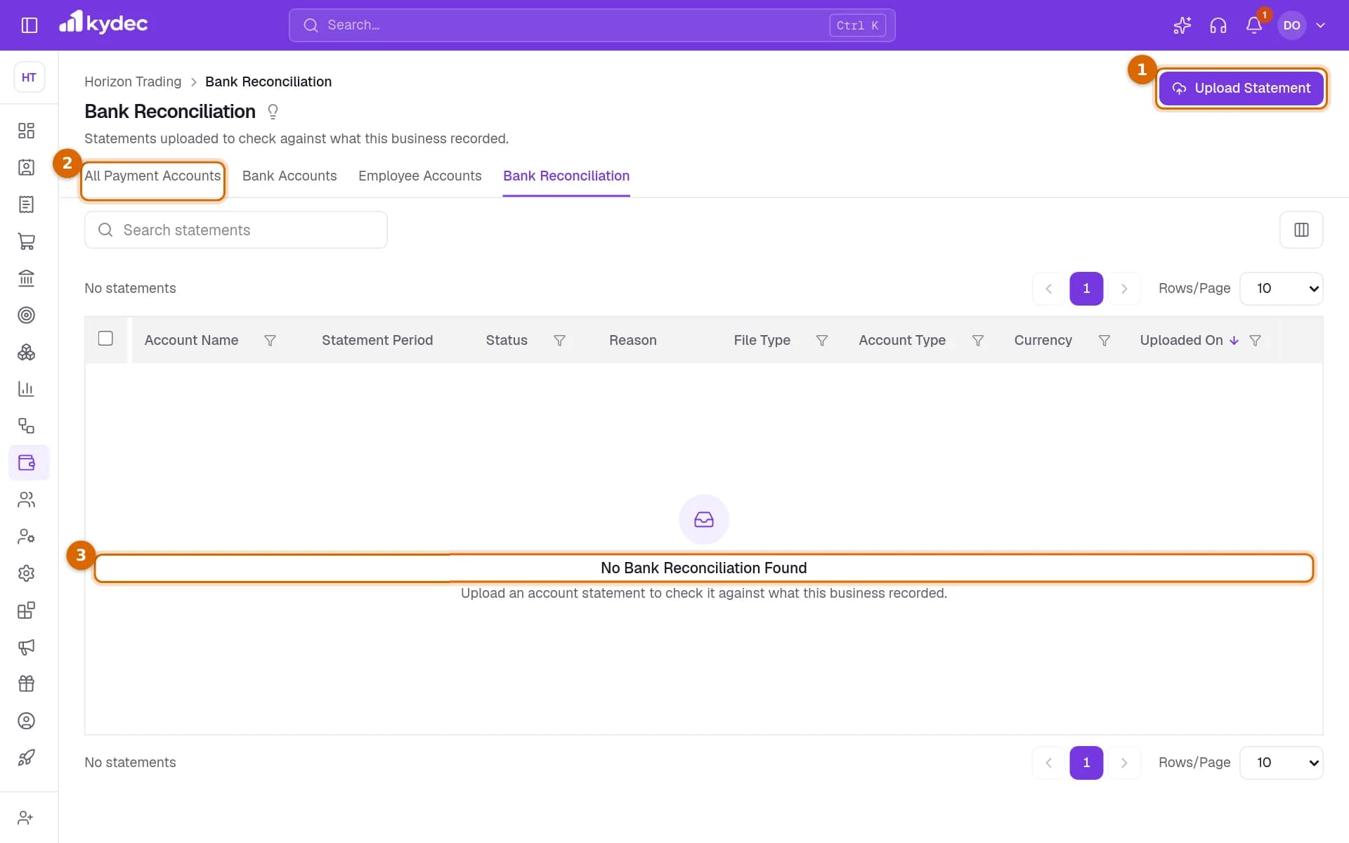 The Bank Reconciliation list before any statement is uploaded, with the Upload Statement button, the screen strip and the empty list marked.
