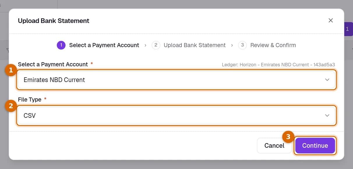 The first step of the Upload Bank Statement dialog with the payment account, the file type and the Continue button marked.