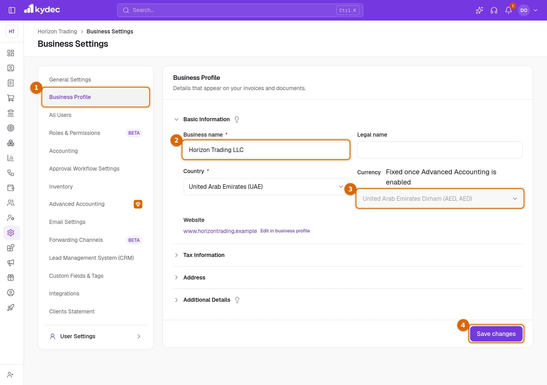 The Business Profile tab of Business Settings, with the tab, the Business name field, the Currency field and the Save changes button marked.