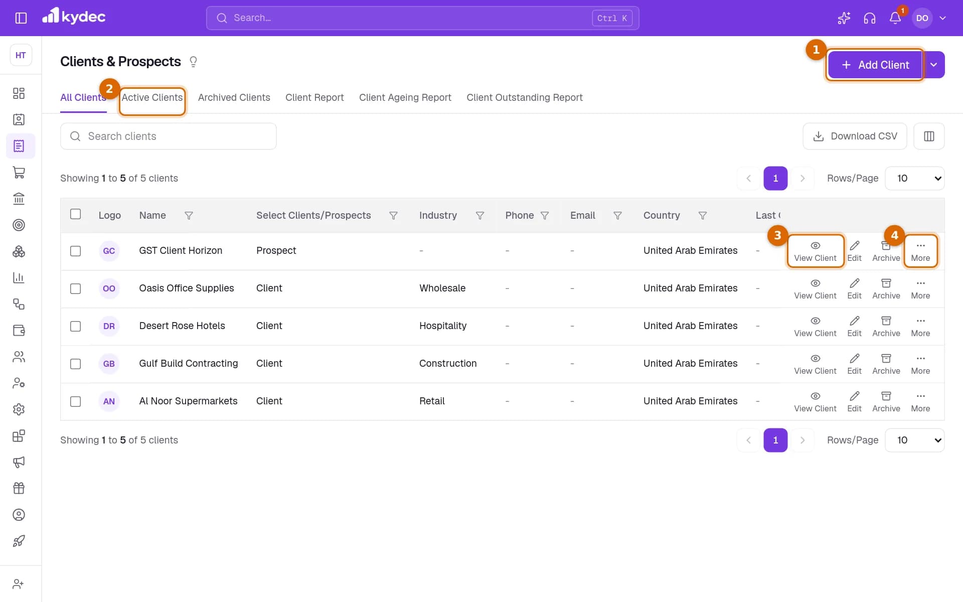 The Clients and Prospects list with the Add Client button, the Active Clients tab, View Client and the More menu on a row marked.