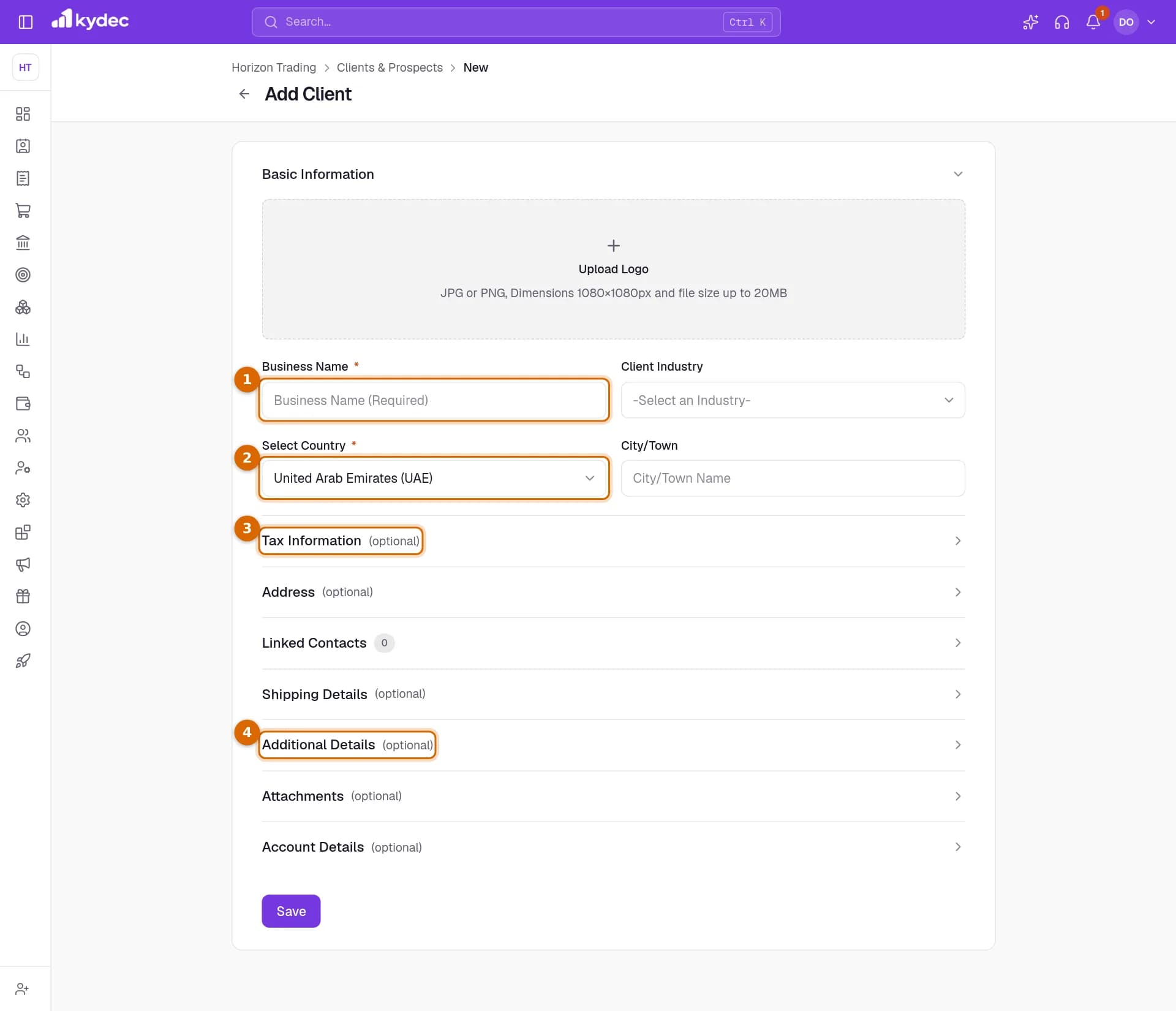 The Add Client form with the Business Name and Select Country fields and the Tax Information and Additional Details sections marked.