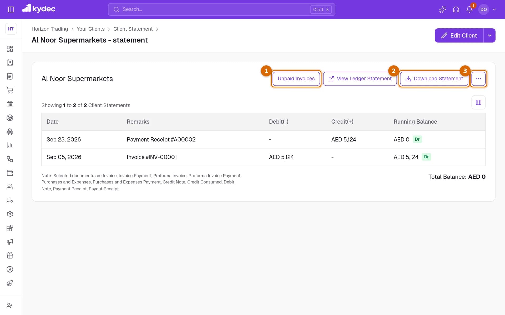 A client statement with the Unpaid Invoices button, Download Statement and the more options button marked.