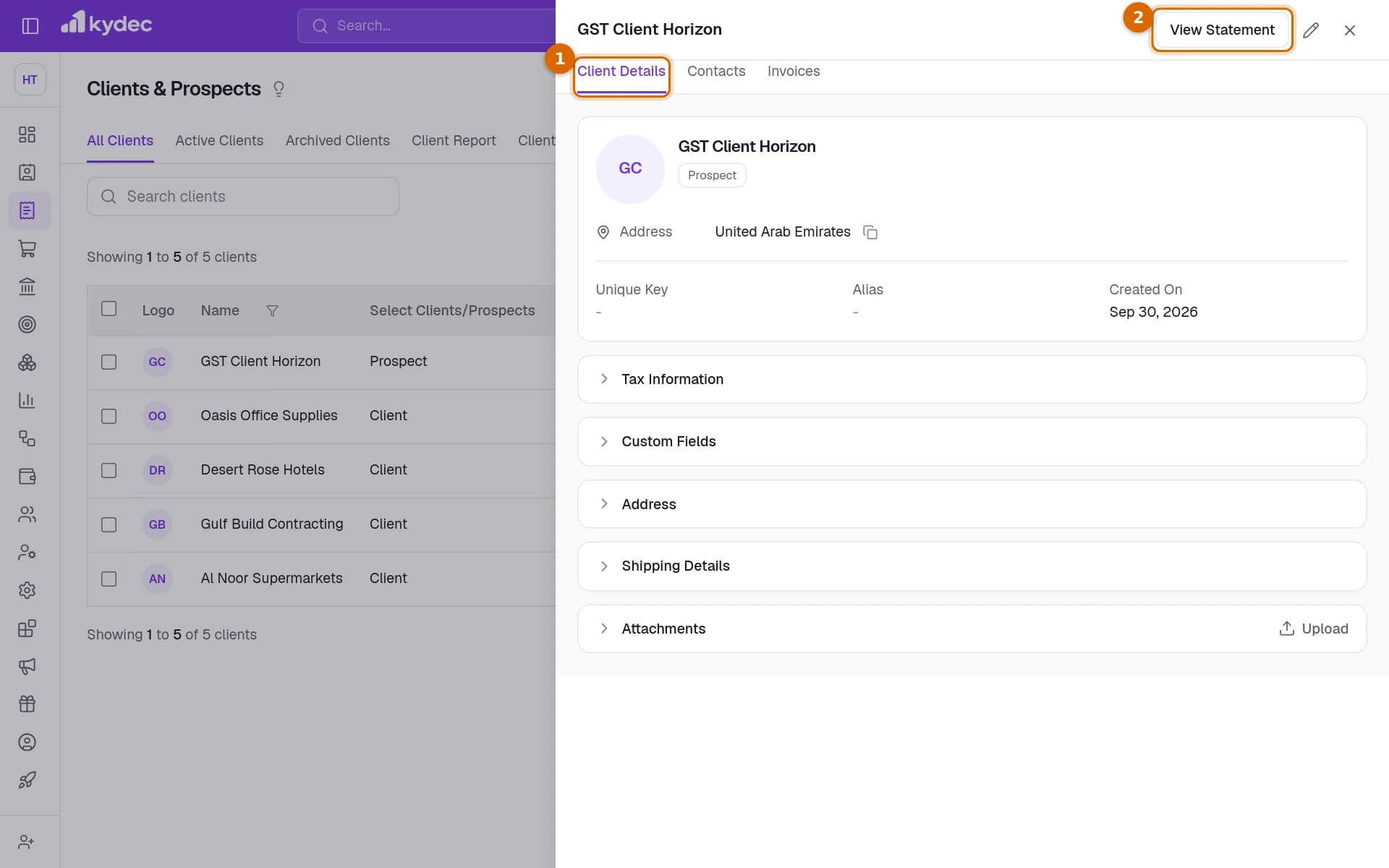 The client panel open beside the list, with the Client Details tab and the View Statement button marked.