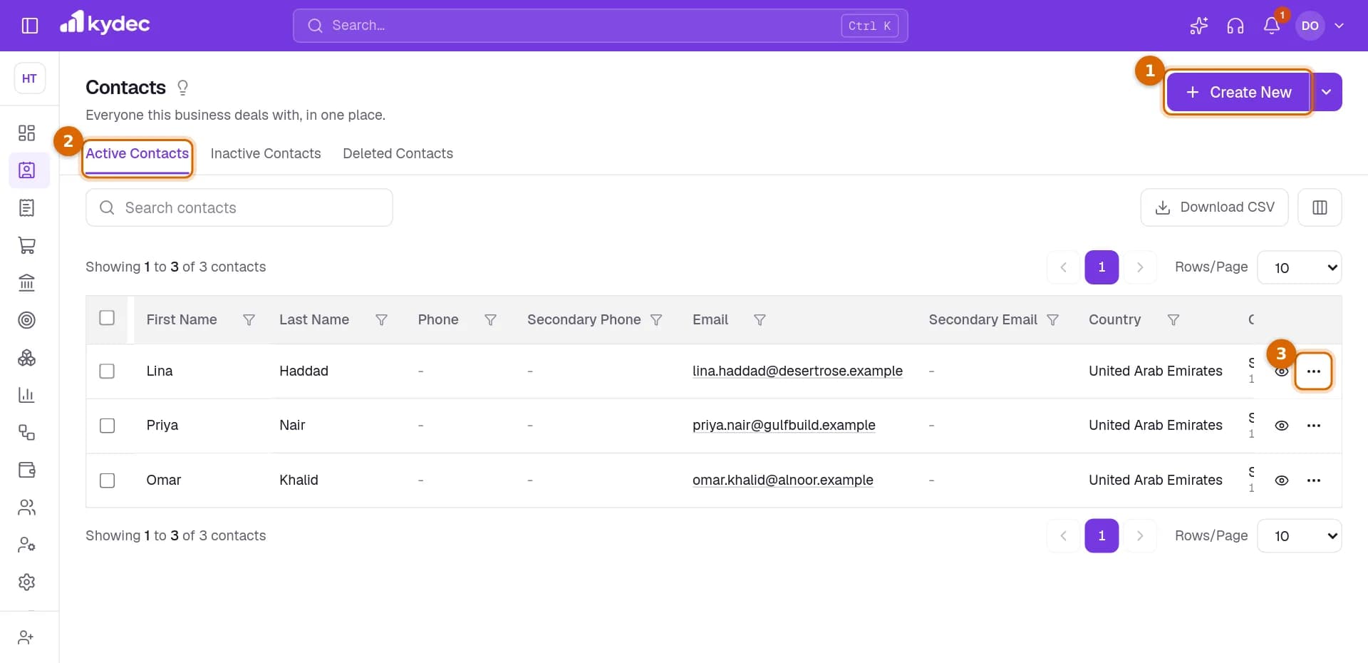 The Contacts list with the Create New button, the Active, Inactive and Deleted tabs, and the actions menu on a row marked.