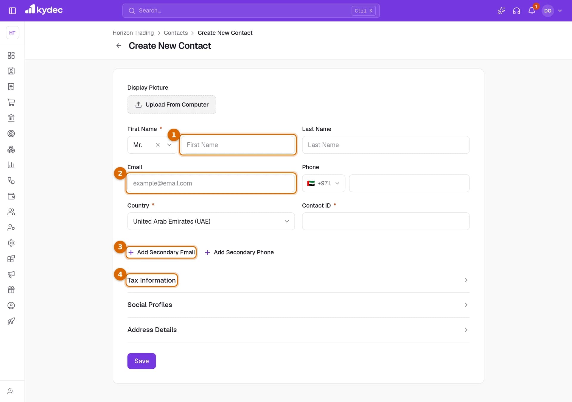 The Create New Contact form with the name, email, extra email link and the Tax Information section marked.