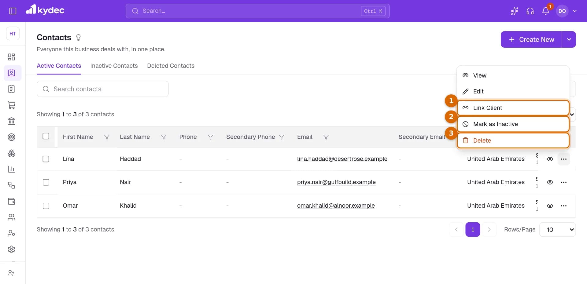 The actions menu of a contact, with Link Client, Mark as Inactive and Delete marked.