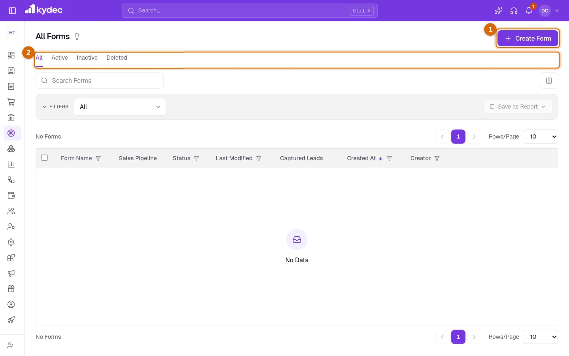 The All Forms list with the Create Form button and the All, Active, Inactive and Deleted tabs marked.