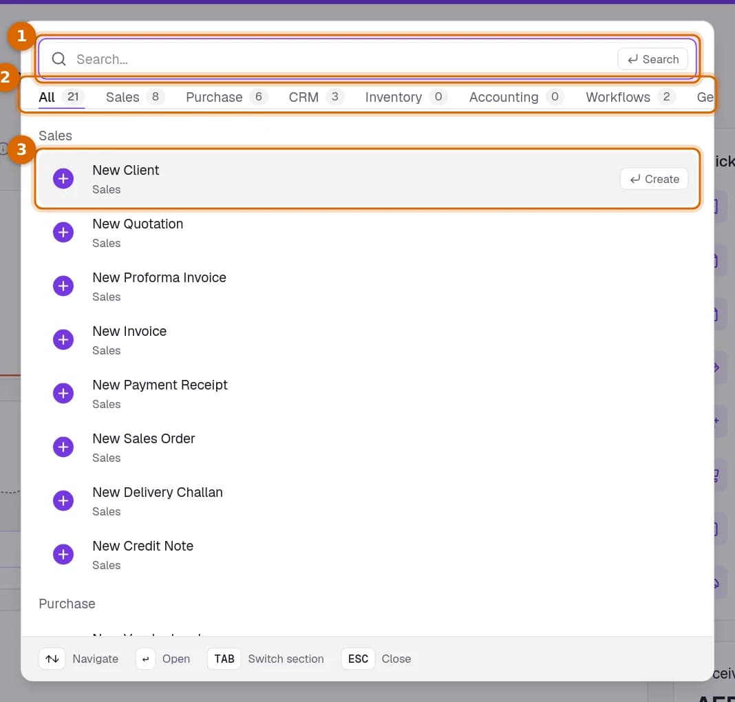 The search dialog with the search field, the area tabs and the first result marked.