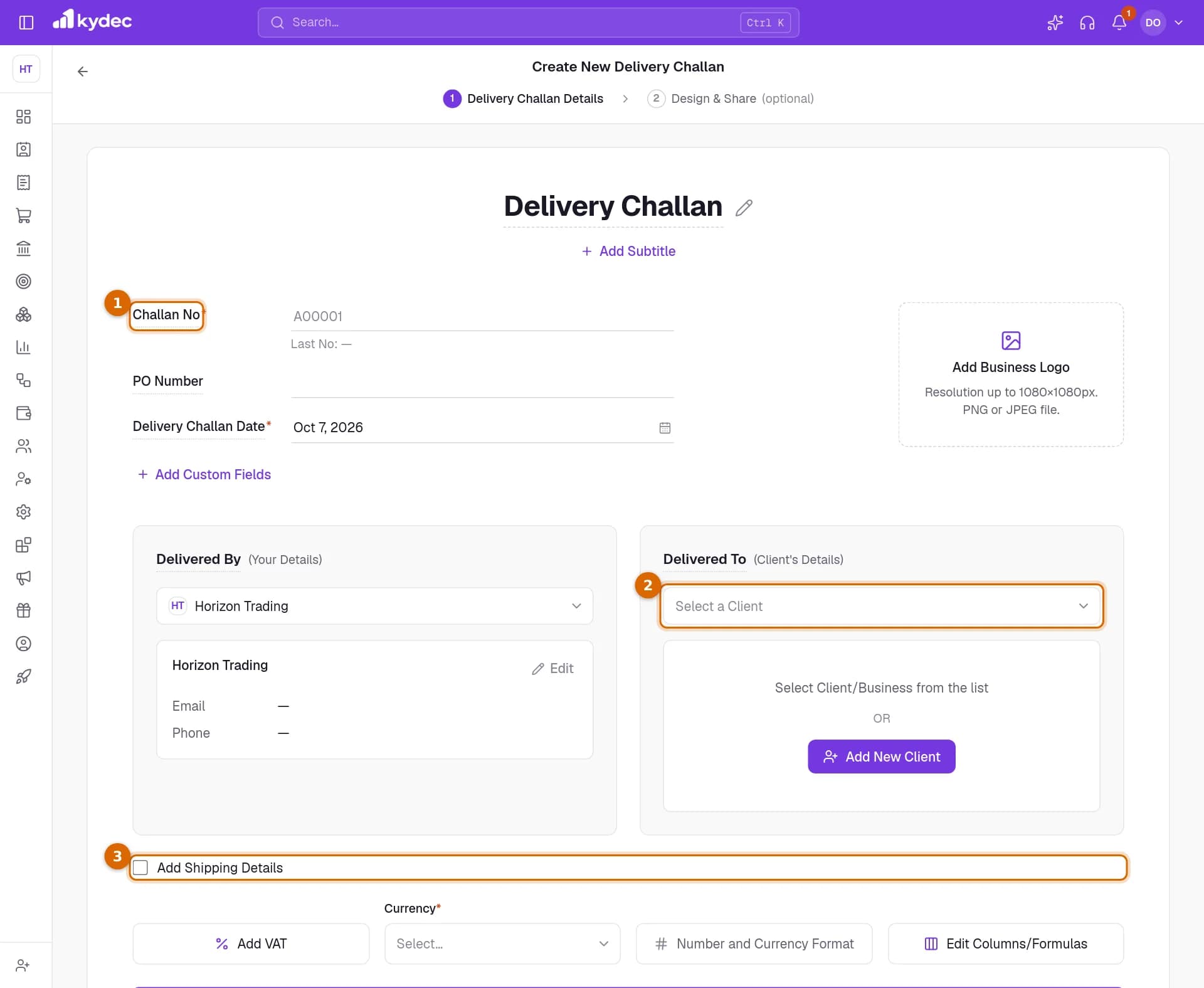 A new delivery challan with the Challan No, the client picker and the Add Shipping Details tick box marked.
