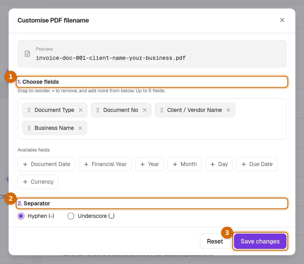 The Customise PDF filename dialog, with the Choose fields step, the Separator step and the Save changes button marked.
