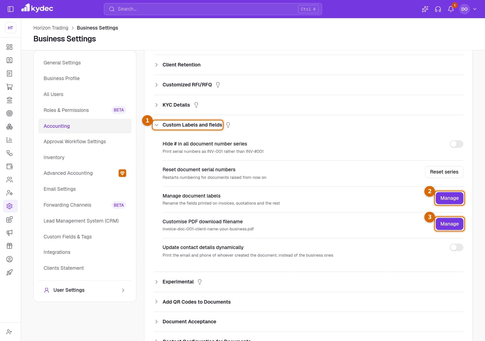 The Custom Labels and fields part of the Accounting tab, with the section heading and the two Manage buttons marked.