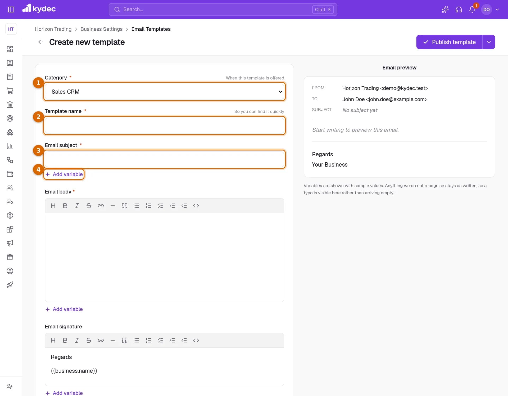 The Create new template page, with Category, Template name, Email subject and the Add variable link marked.