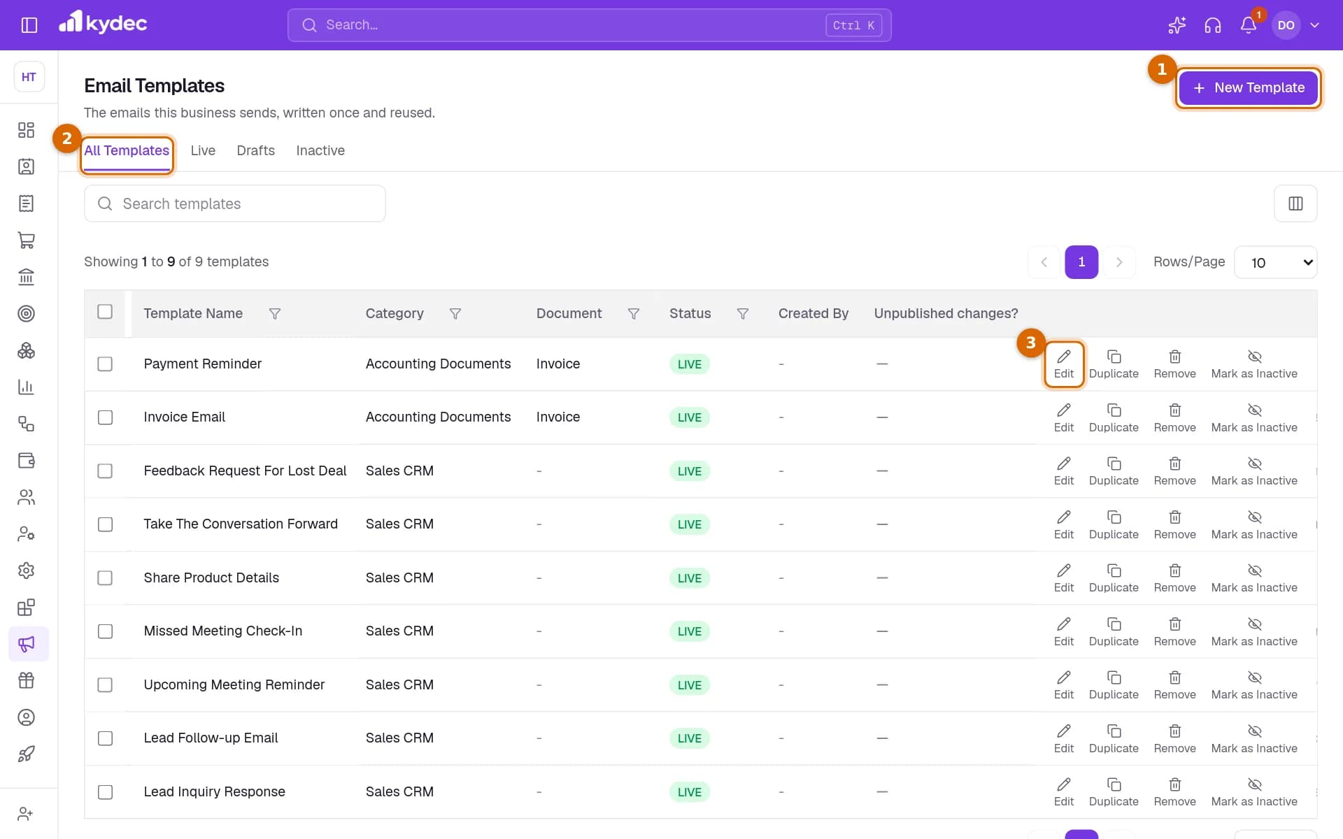 The Email Templates list under Marketing CRM, with the New Template button, the All Templates tab and the Edit action of a row marked.