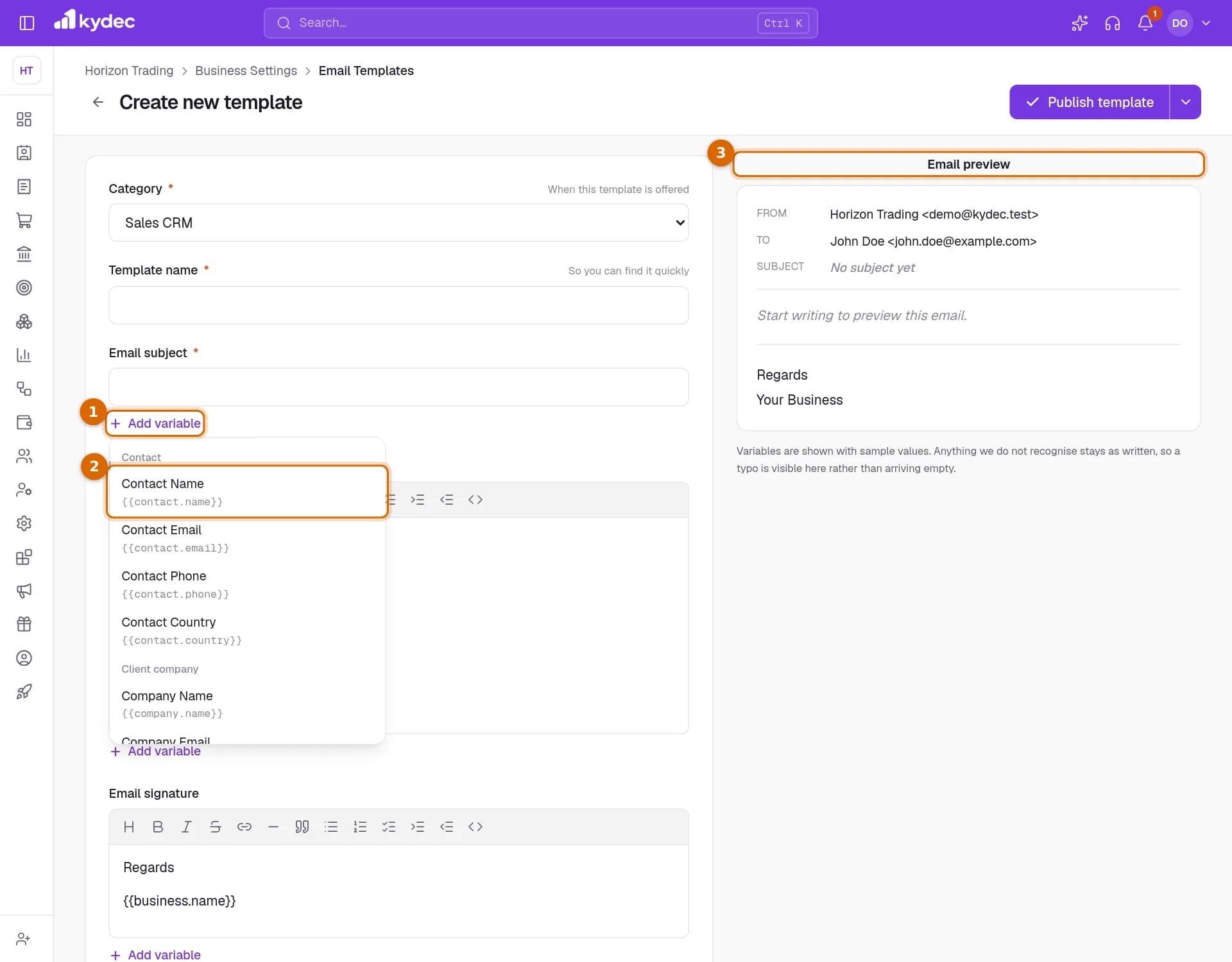 The list of variables open under the Email subject, with the Add variable link, the Contact Name variable and the Email preview marked.