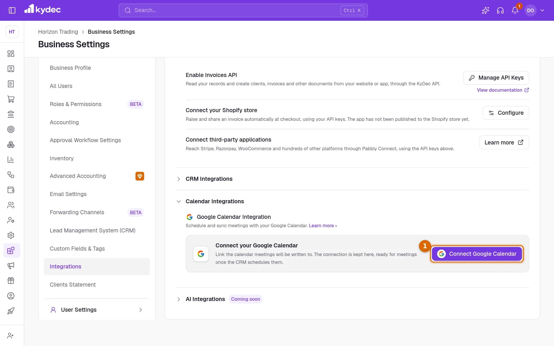The Calendar Integrations section open, with the Connect Google Calendar button marked.