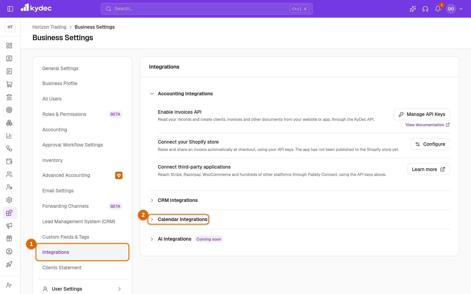 The Integrations tab of Business Settings with the Integrations tab and the Calendar Integrations section marked.