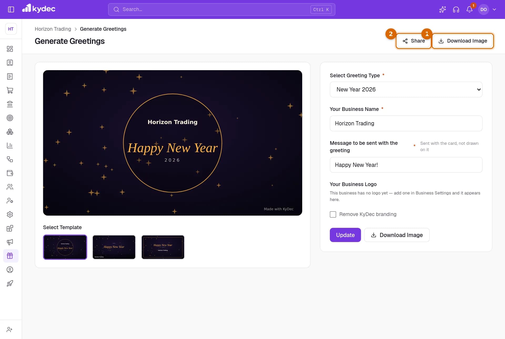 The top of the Generate Greetings page with the Download Image and Share buttons marked.