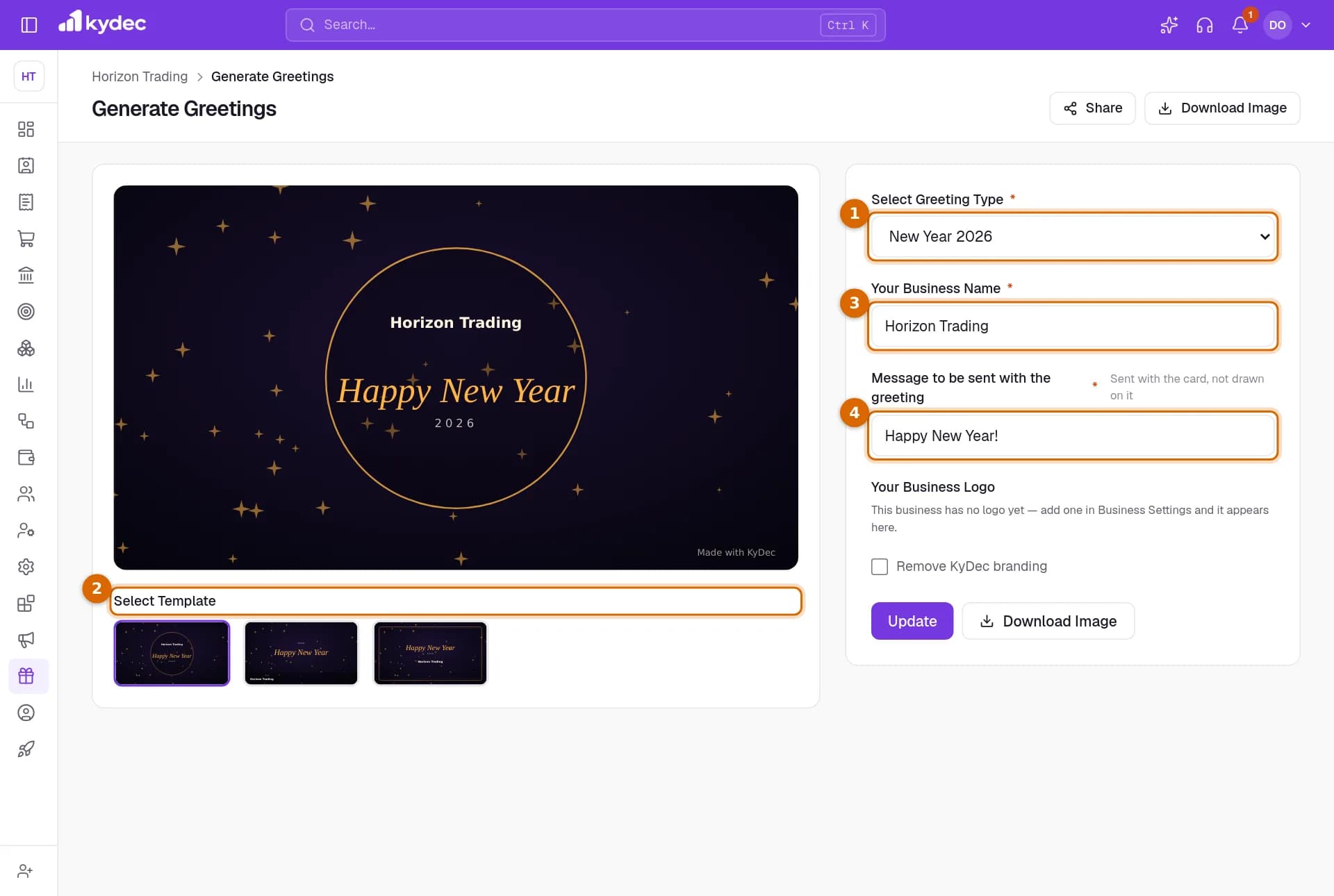 The Generate Greetings page with the Select Greeting Type list, the Select Template layouts, Your Business Name and the message field marked.