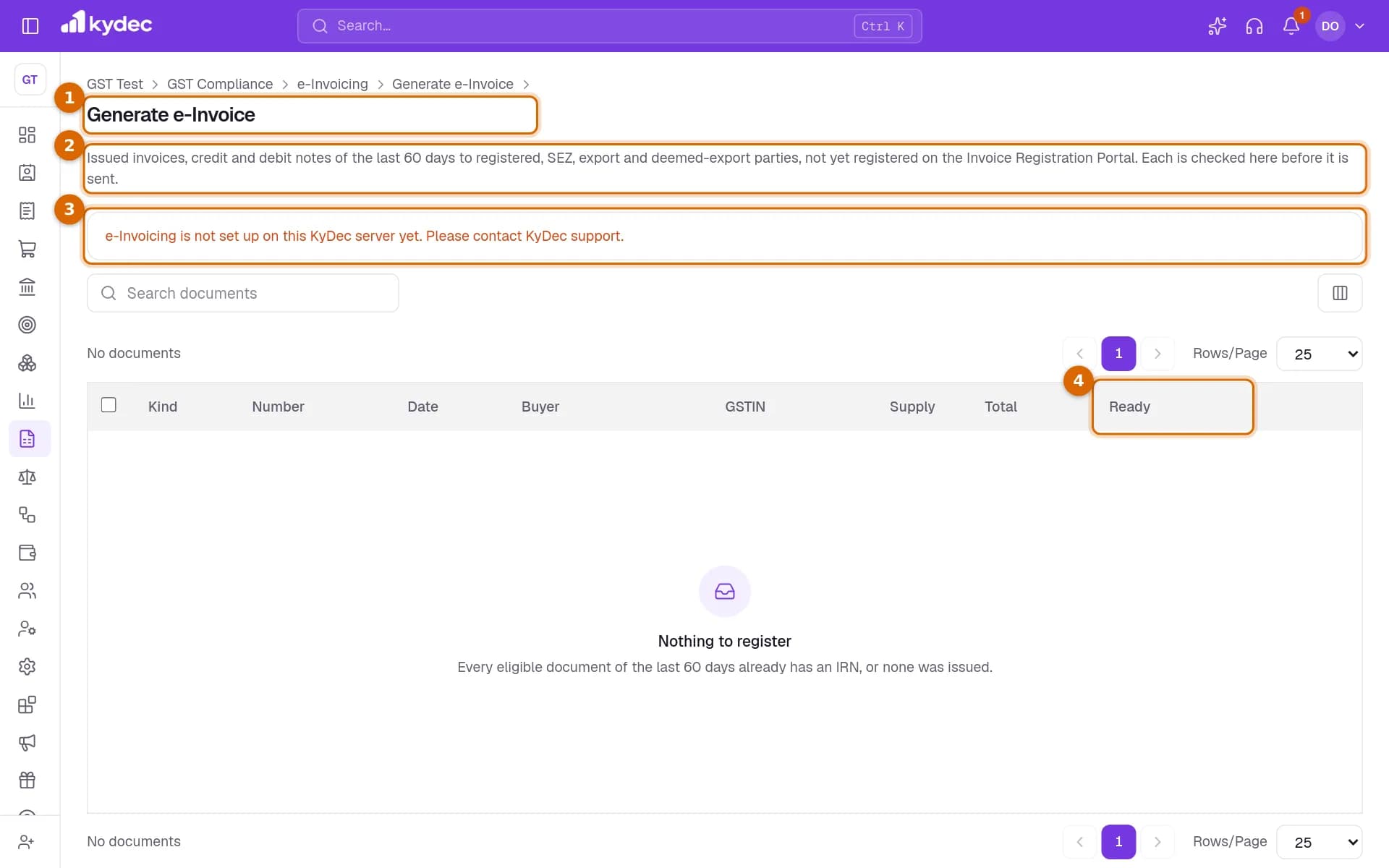 The Generate e-Invoice page with its title, the line saying which documents are listed, the notice that e-invoicing is not set up, and the Ready column marked.