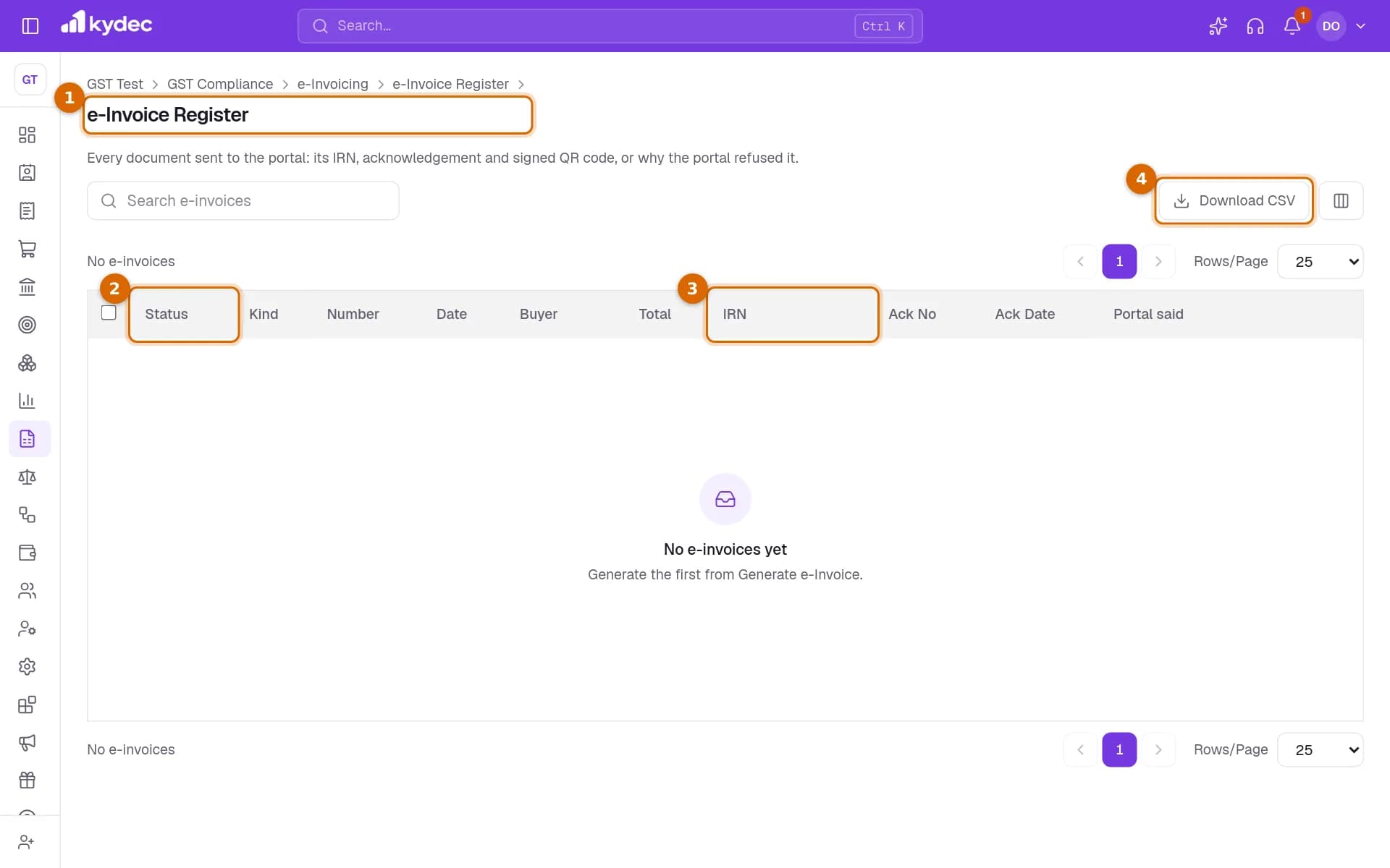 The e-Invoice Register with its title, the Status column, the IRN column and the Download CSV button marked.
