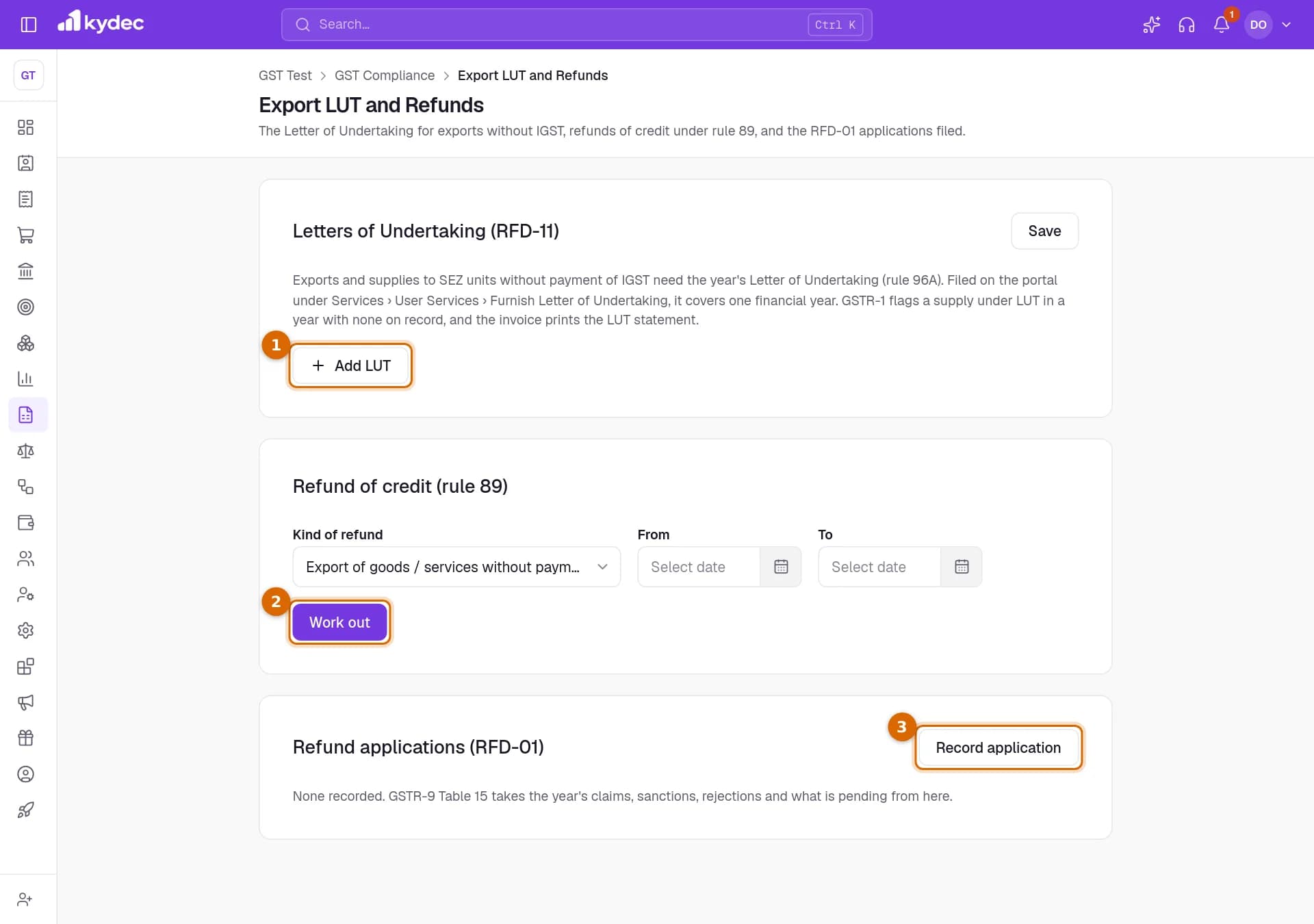 The Export LUT and Refunds page with the Add LUT, Work out and Record application buttons marked.