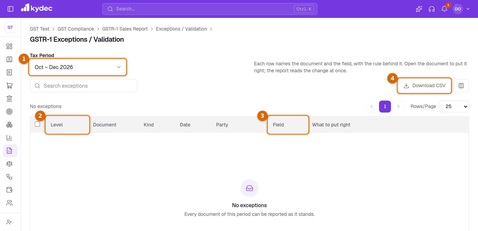 The GSTR-1 Exceptions / Validation page with the Tax Period picker, the Level column, the Field column and the Download CSV button marked.