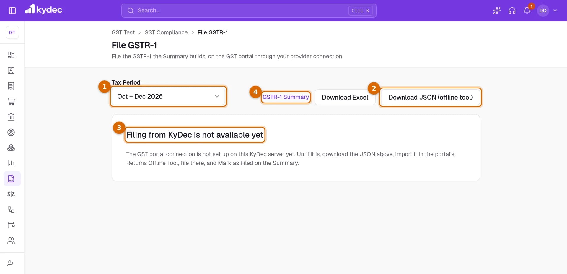 The File GSTR-1 page with the Tax Period picker, the Download JSON (offline tool) button, the card saying filing from KyDec is not available yet, and the GSTR-1 Summary link marked.