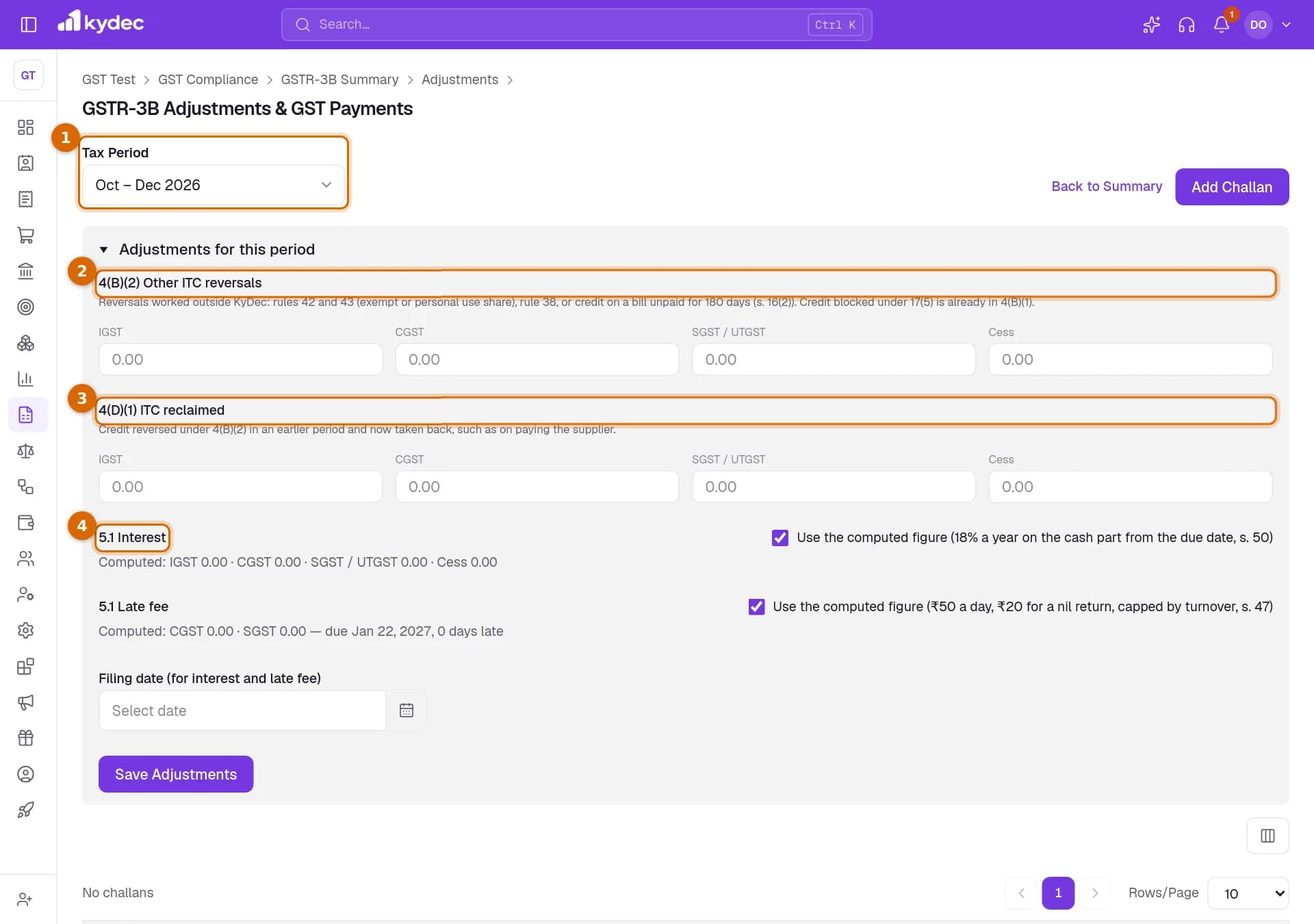 The GSTR-3B Adjustments page with the Tax Period picker and the 4(B)(2), 4(D)(1) and 5.1 Interest fields marked.