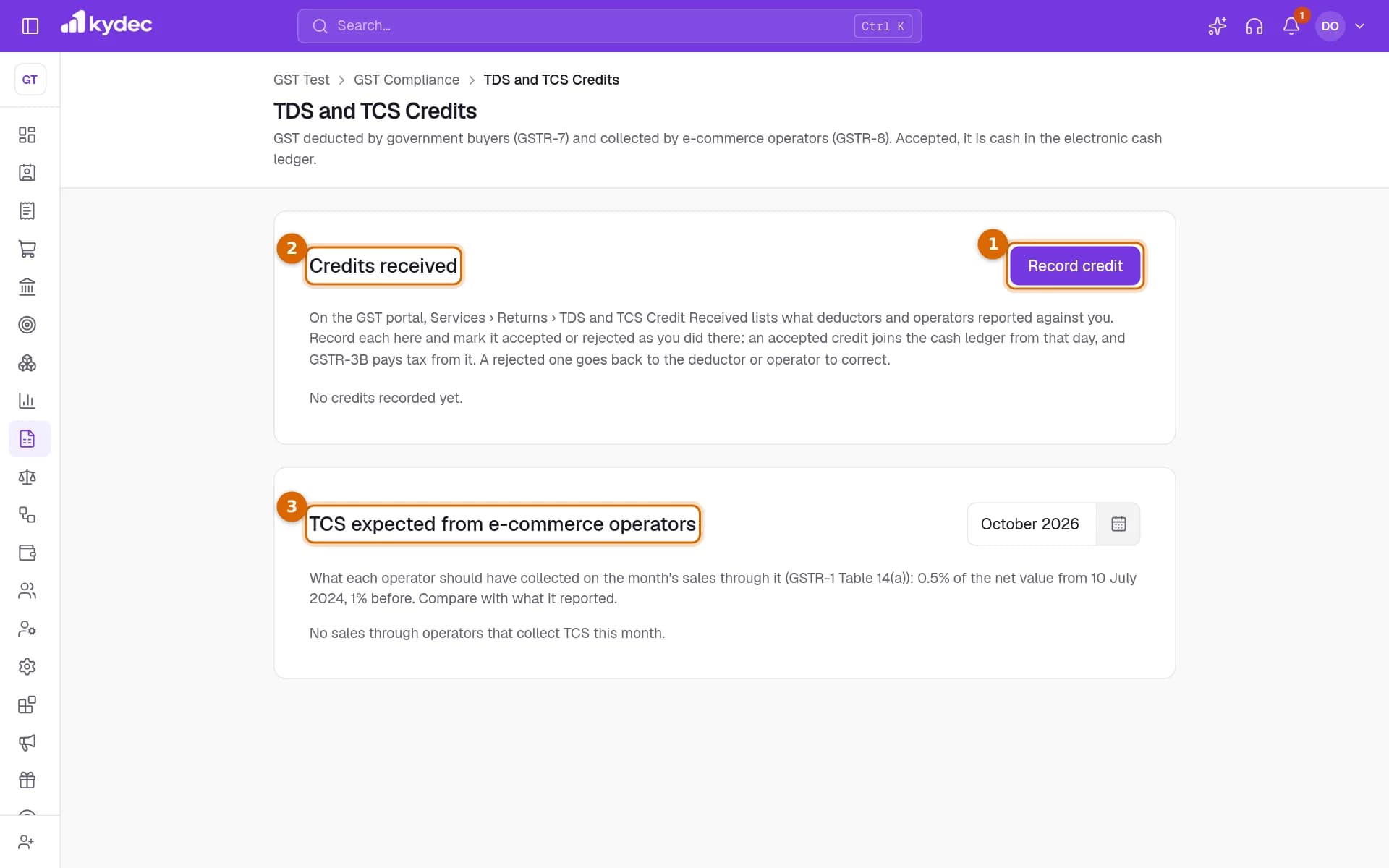 The TDS and TCS Credits page with the Record credit button, the Credits received list and the TCS expected from e-commerce operators card marked.