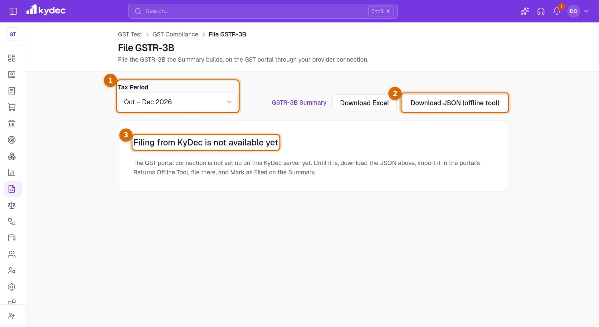 The File GSTR-3B page with the Tax Period picker, the Download JSON (offline tool) button and the card Filing from KyDec is not available yet marked.