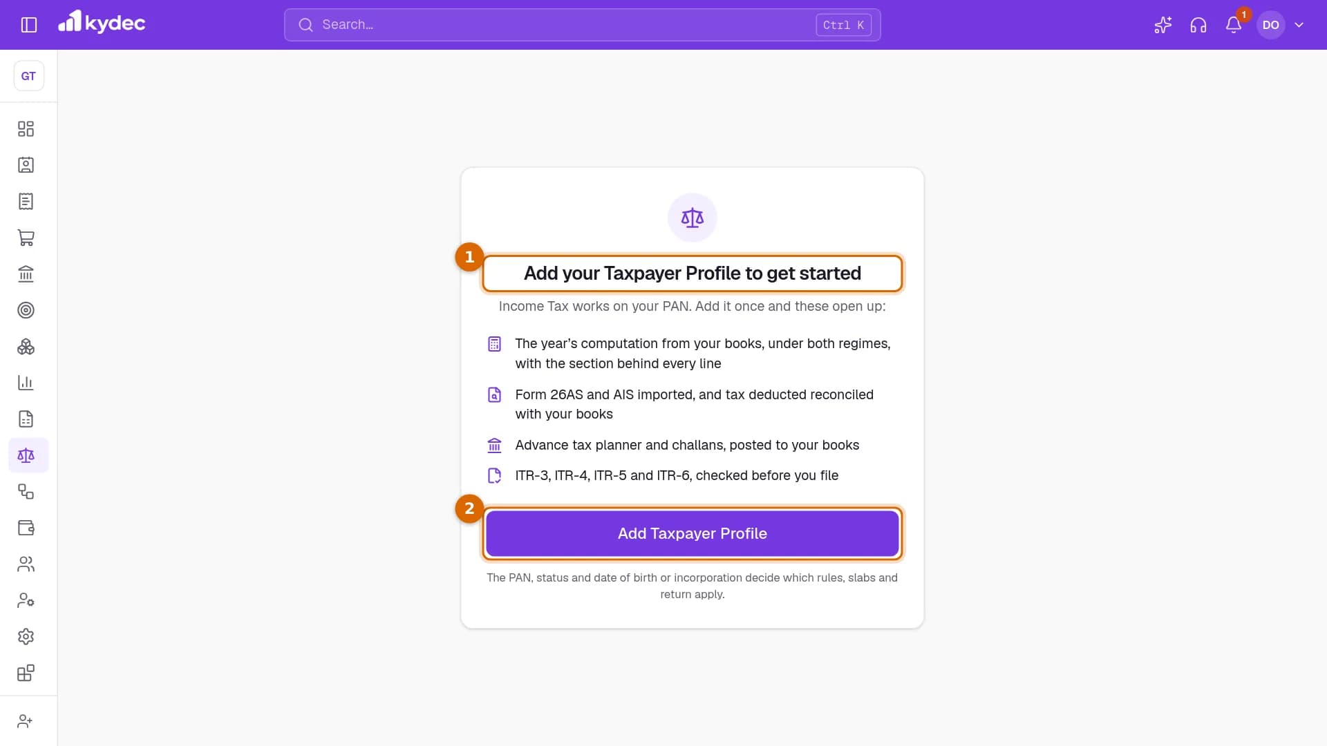 Prepare ITR before a profile is saved, with the heading Add your Taxpayer Profile to get started and the Add Taxpayer Profile button marked.