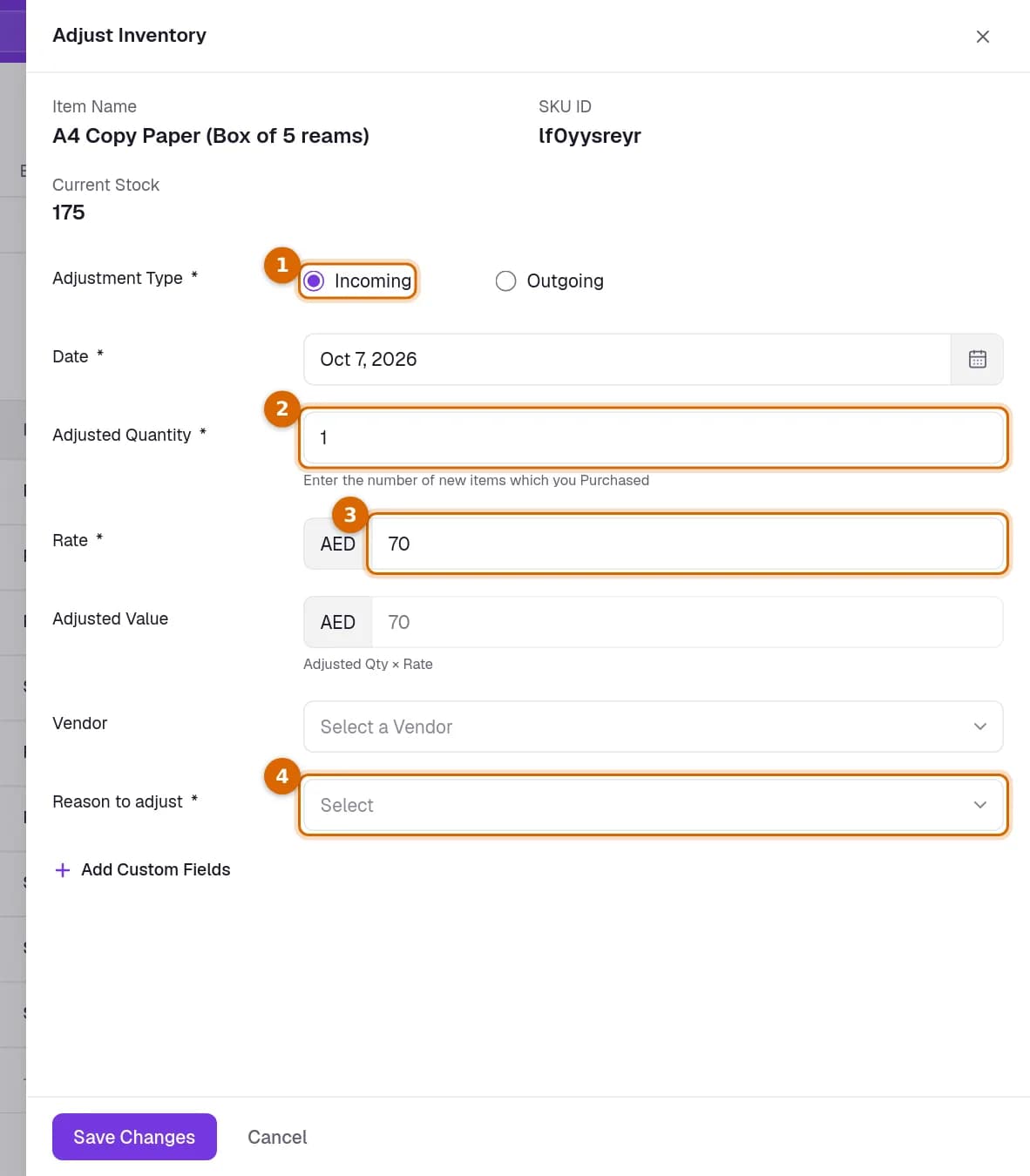The Adjust Inventory panel for an item, with the Incoming choice, the Adjusted Quantity, the Rate and the Reason to adjust marked.