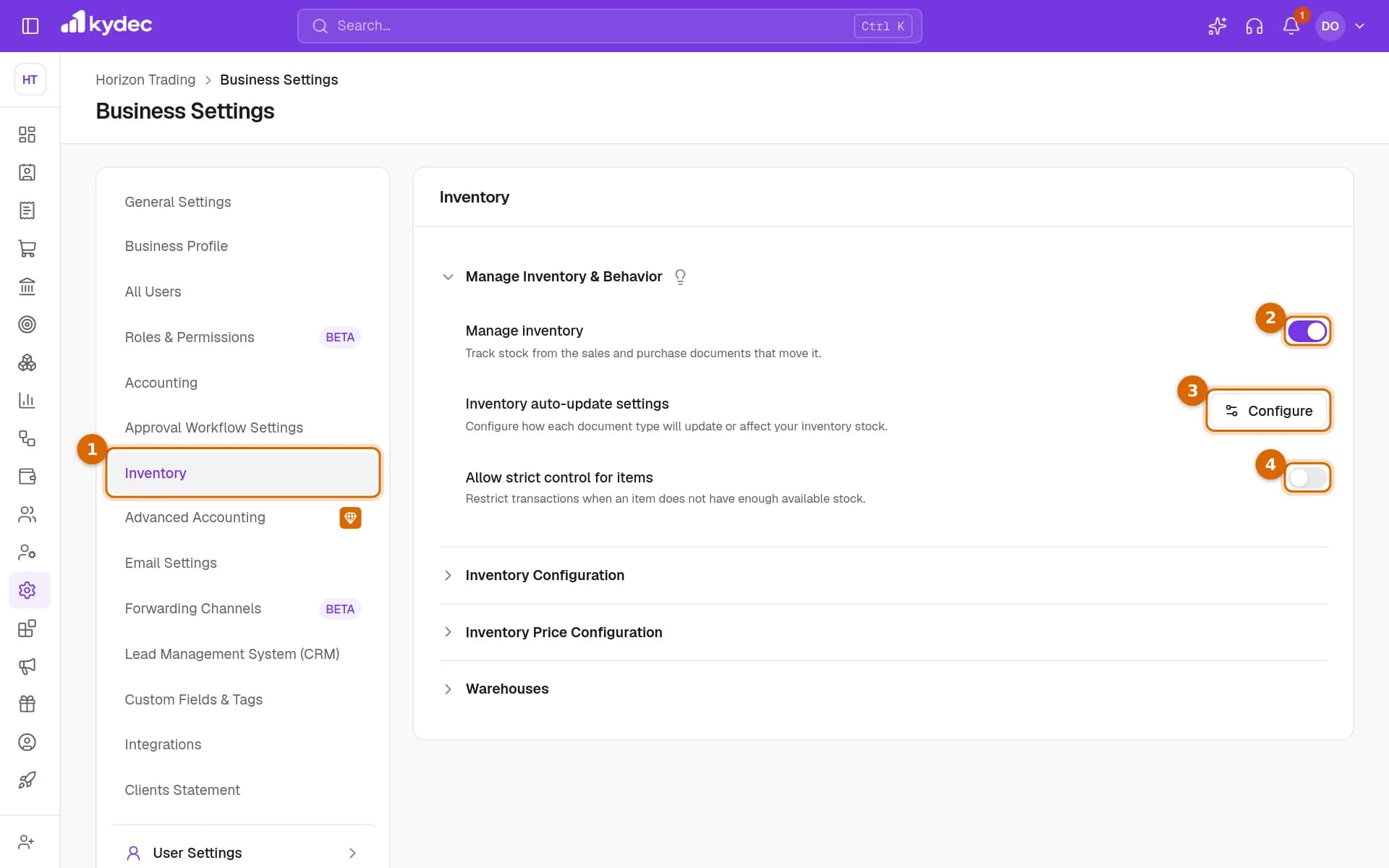 The Inventory tab of Business Settings, with the tab, the Manage inventory switch, the Configure button and the strict control switch marked.