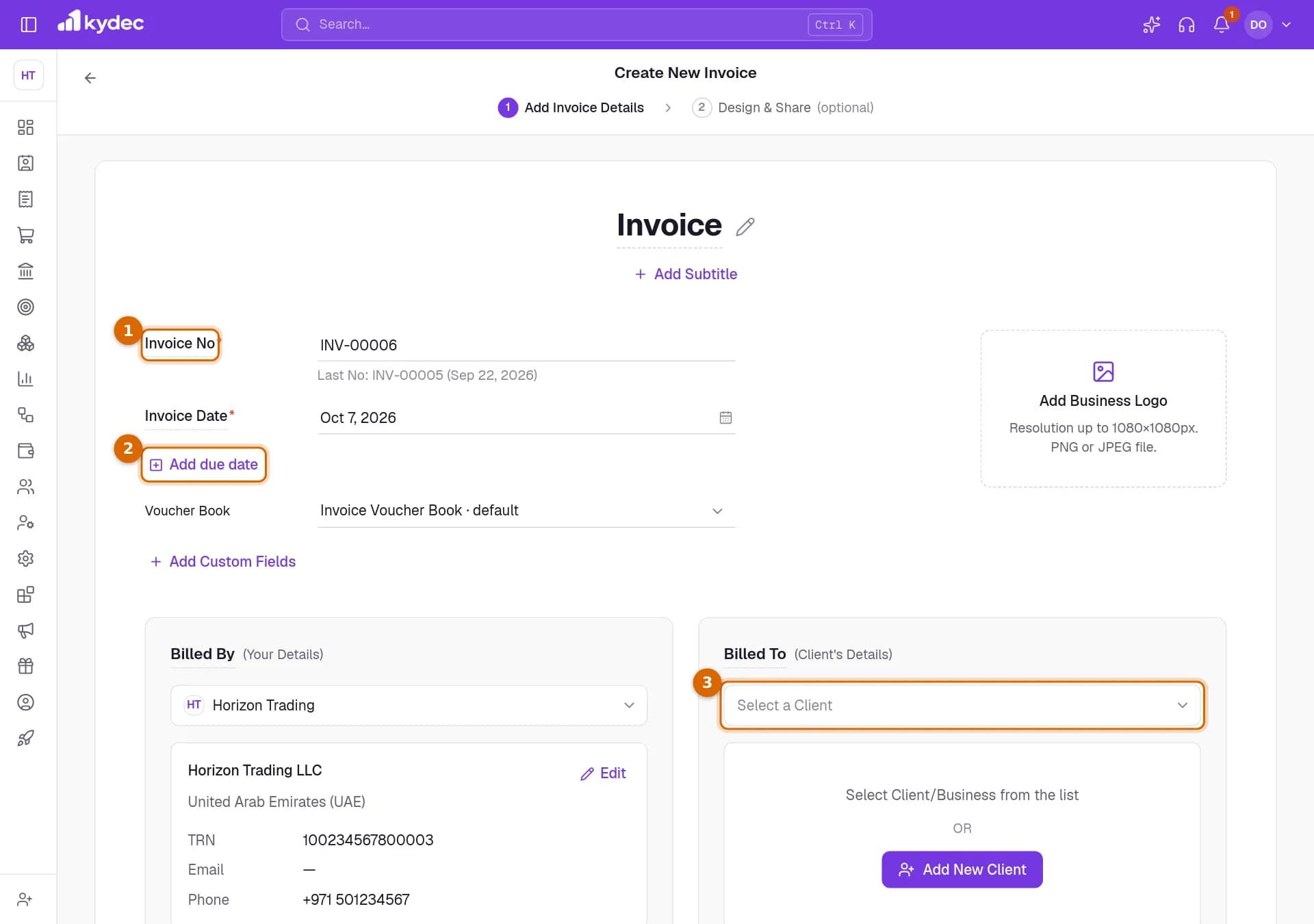 A new invoice with the Invoice No, the Add due date link and the client picker marked.