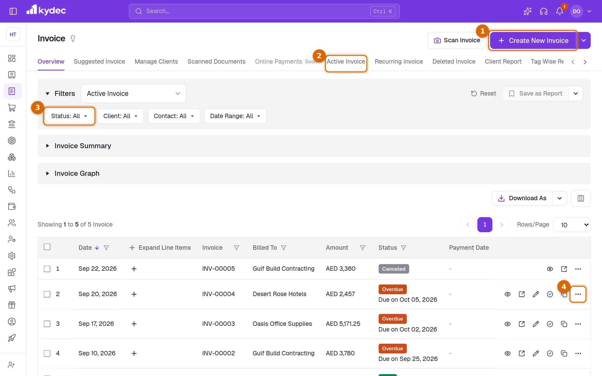 The Invoice list with the Create New Invoice button, the Active Invoice tab, the Status filter and the actions menu on a row marked.