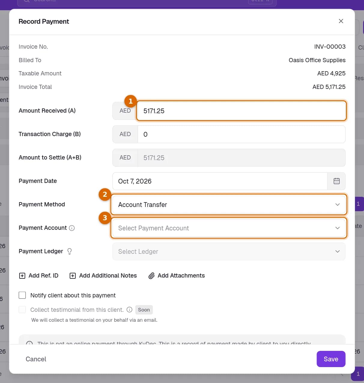 The Record Payment form with the amount received, the payment method and the payment account marked.