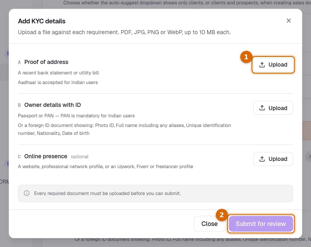 The Add KYC details dialog, with an Upload button and the Submit for review button marked.