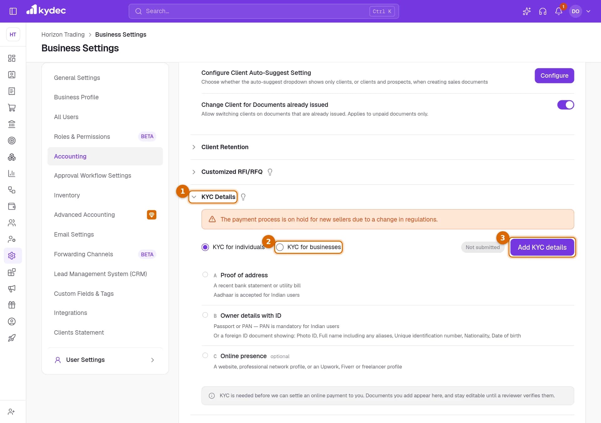 The KYC Details part of the Accounting tab, with the section heading, the KYC for businesses choice and the Add KYC details button marked.