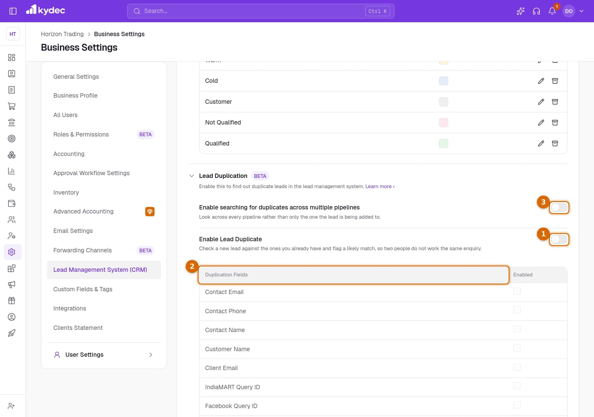 The Lead Duplication section of Business Settings with the Enable Lead Duplicate switch, the Duplication Fields table and the switch for searching across pipelines marked.