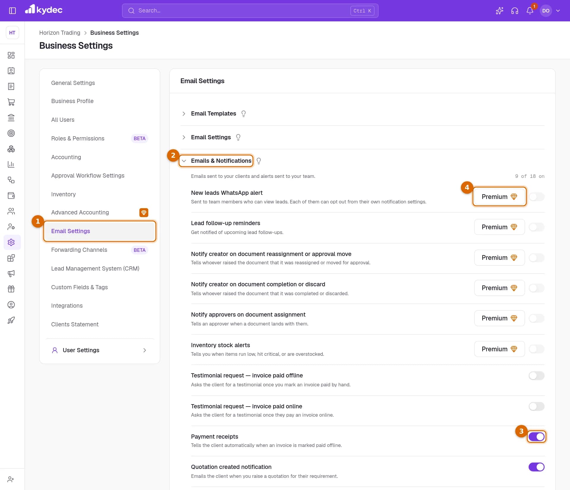 The Emails & Notifications part of the Email Settings tab, with the tab, the section heading, a switch and a Premium label marked.
