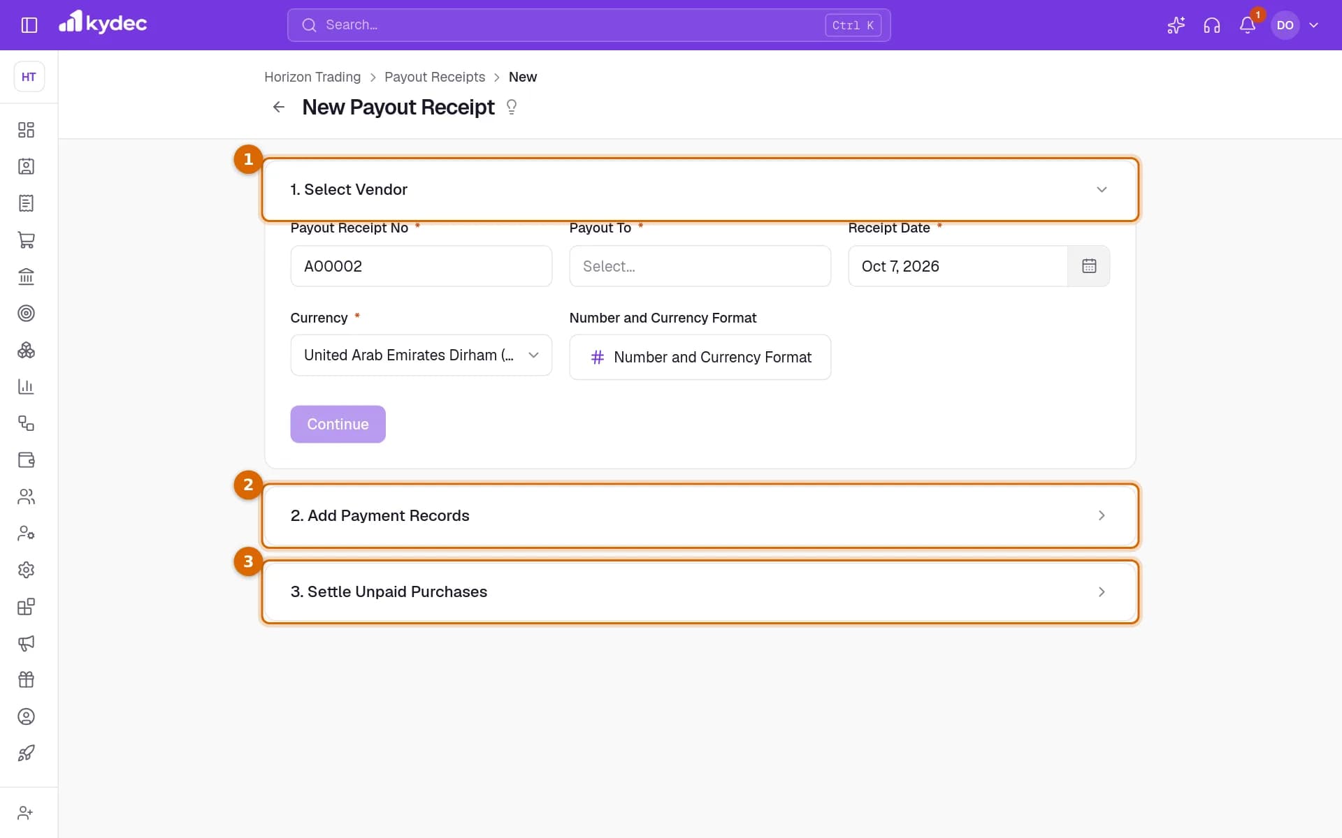 The New Payout Receipt form with its three steps marked: Select Vendor, Add Payment Records and Settle Unpaid Purchases.