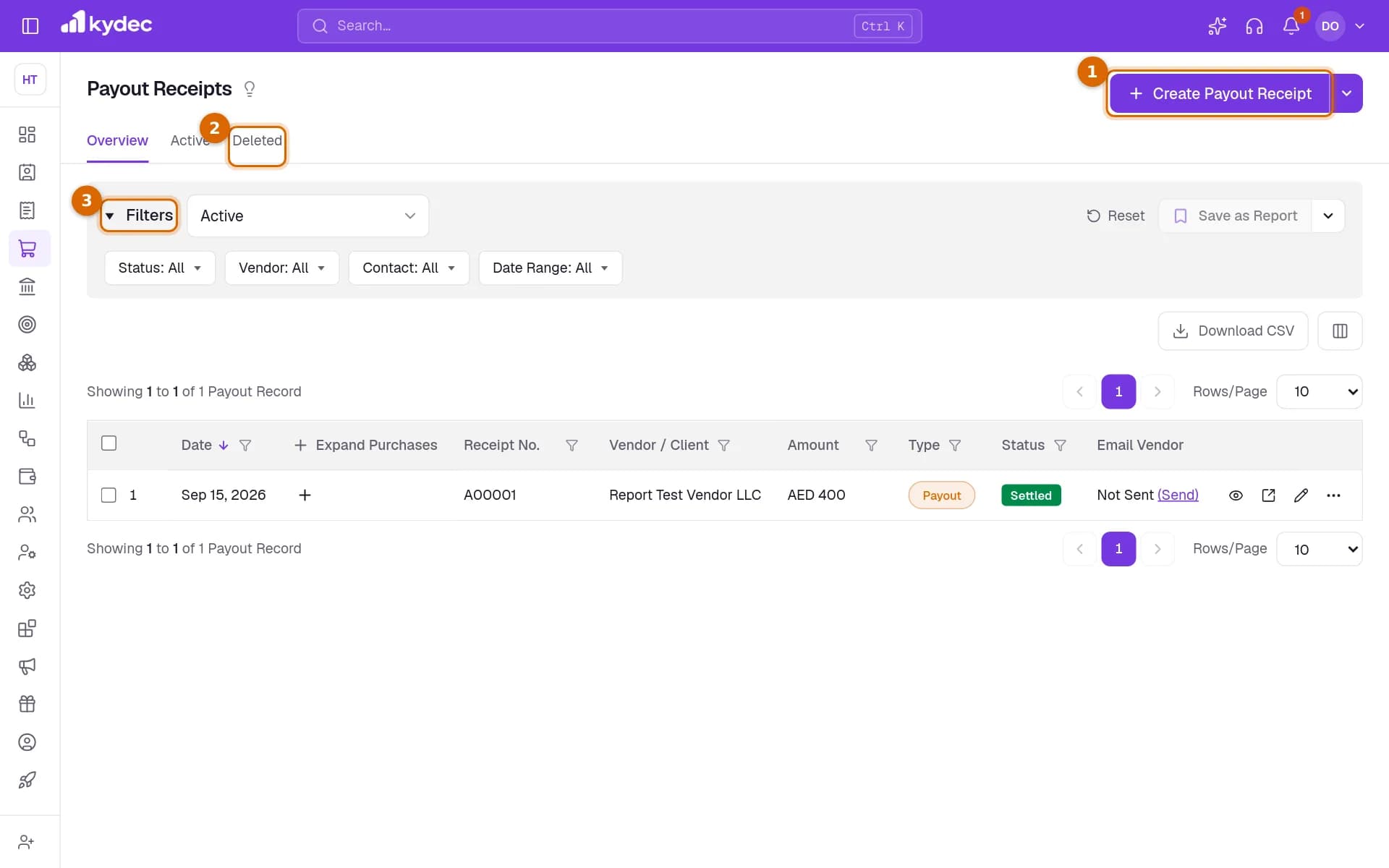 The Payout Receipts list with the Create Payout Receipt button, the Deleted tab and the Filters panel marked.