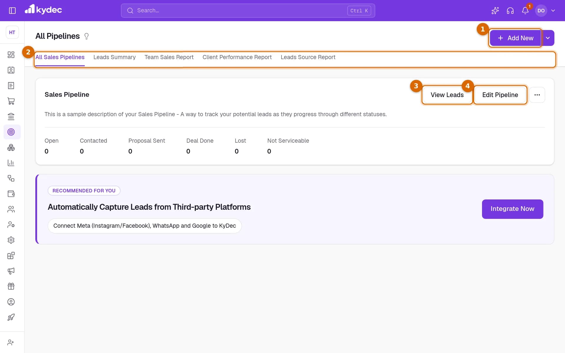 The All Pipelines page with the Add New button, the strip of sections, and View Leads and Edit Pipeline on the Sales Pipeline card marked.