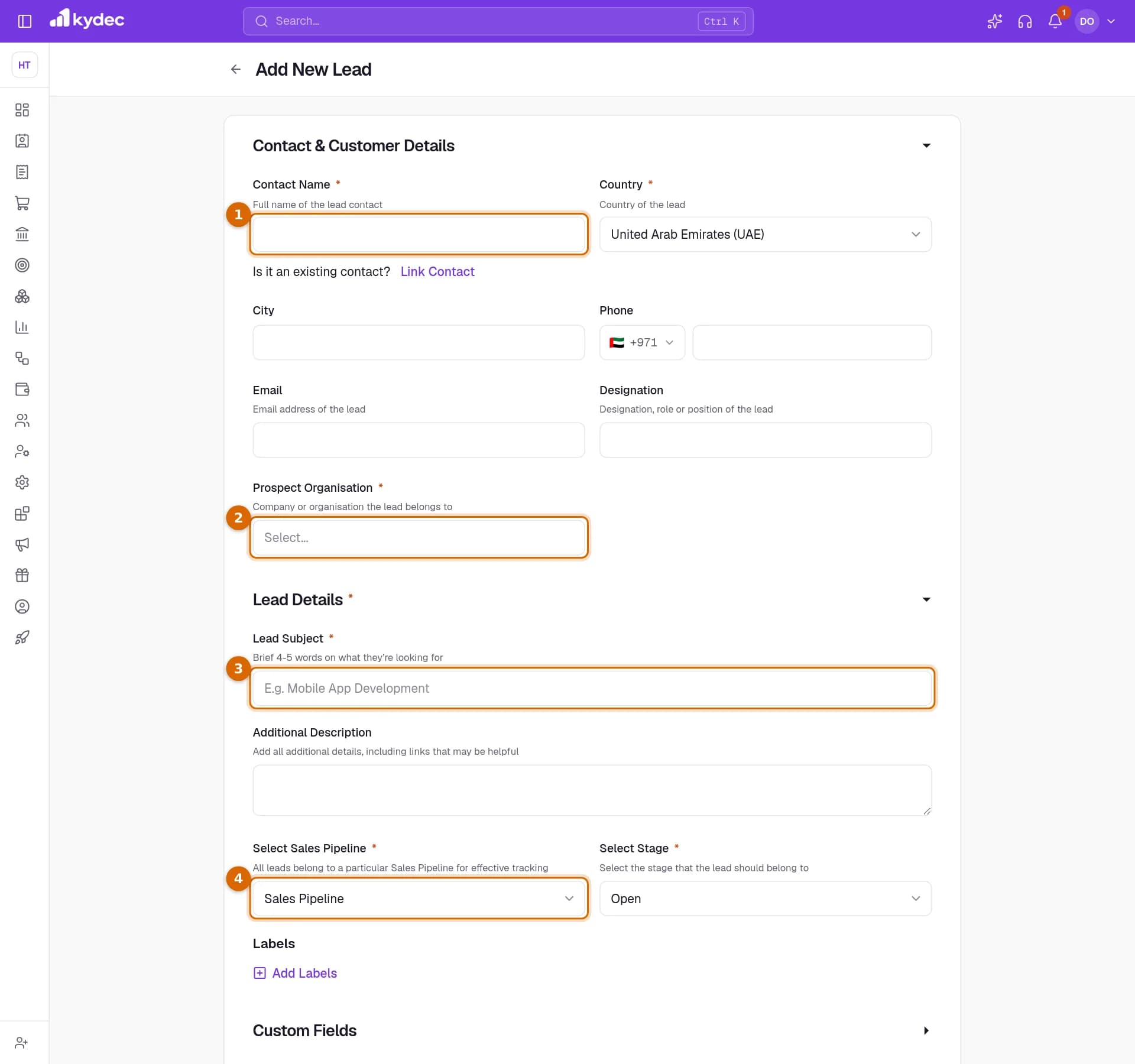 The Add New Lead form with the Contact Name, Prospect Organisation, Lead Subject and Select Sales Pipeline fields marked.